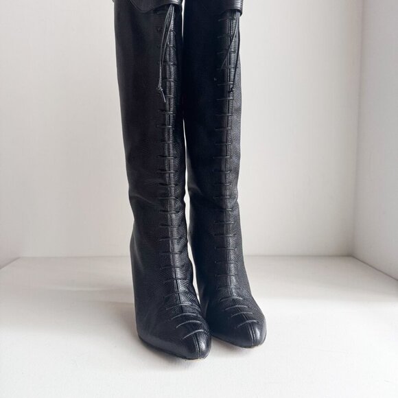 Grigiarancio Tall Lace up detail Leather Sexy Black Boots 38 - Picture 9 of 11